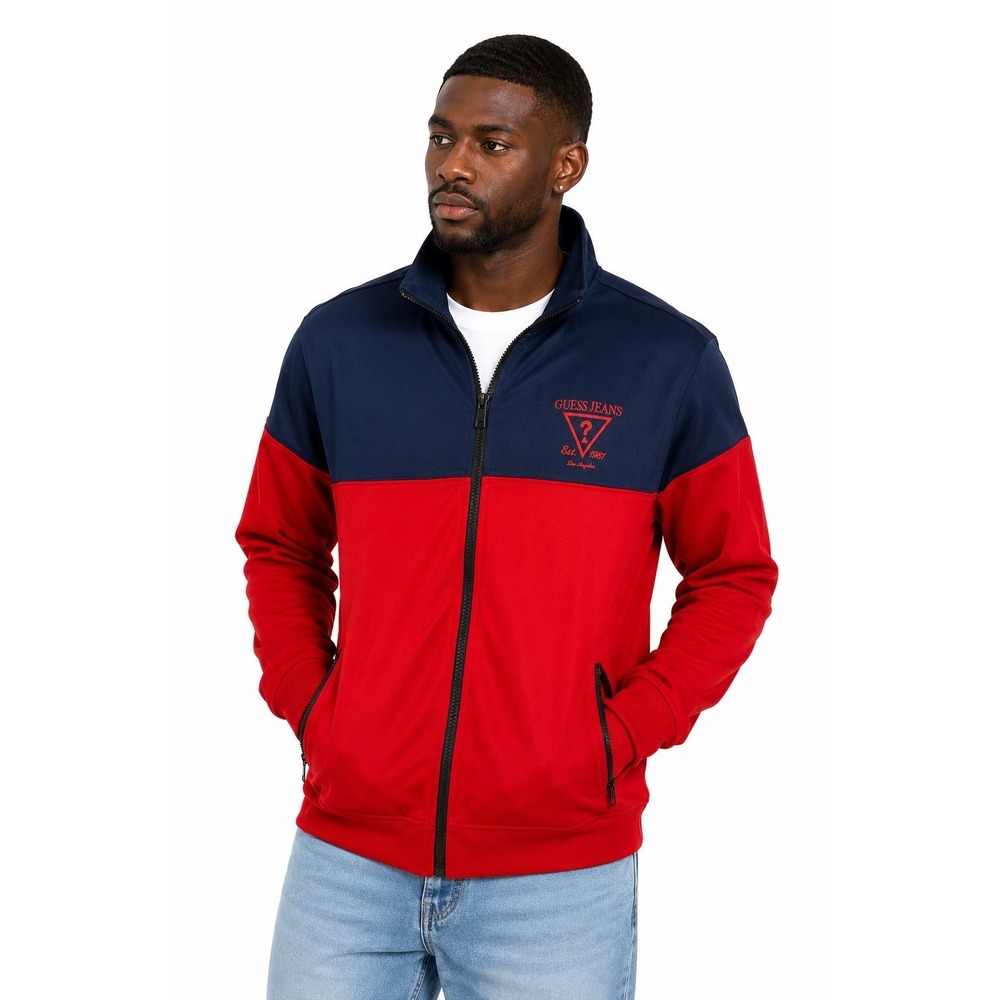 GUESS Jeans Track Jacket Mens L Red Blue Full Zip‎ Colorblock Logo